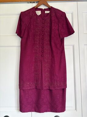 Karin Stevens Sz12 Embroidered Beaded Vintage Short-Sleeve Midi Dress Burgundy
